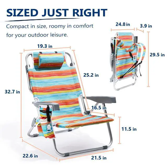 Alt view image 7 of 7 - PASAMIC Backpack Beach Chairs for Adults 2 Pack Portable, Lay Flat Reclining Beach Chairs with 5 Positions, Tall Heavy Duty Folding Chair with Cup Holder, Cooler Pouch, Towel Bar, Multicolor Stripe