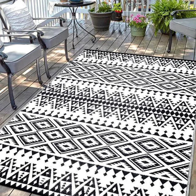 Main image of Waterproof Outdoor Rug 9x12ft, Bohemia Reversible Plastic Straw Mat for Patio RV Deck Porch Backyard Balcony Camping Picnic Beach Indoor Outdoor Carpet, Black&White