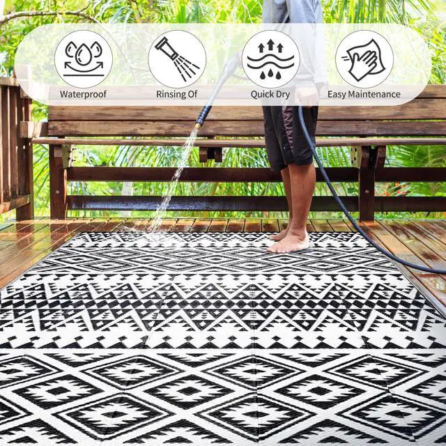 Alt view image 3 of 6 - Waterproof Outdoor Rug 9x12ft, Bohemia Reversible Plastic Straw Mat for Patio RV Deck Porch Backyard Balcony Camping Picnic Beach Indoor Outdoor Carpet, Black&White