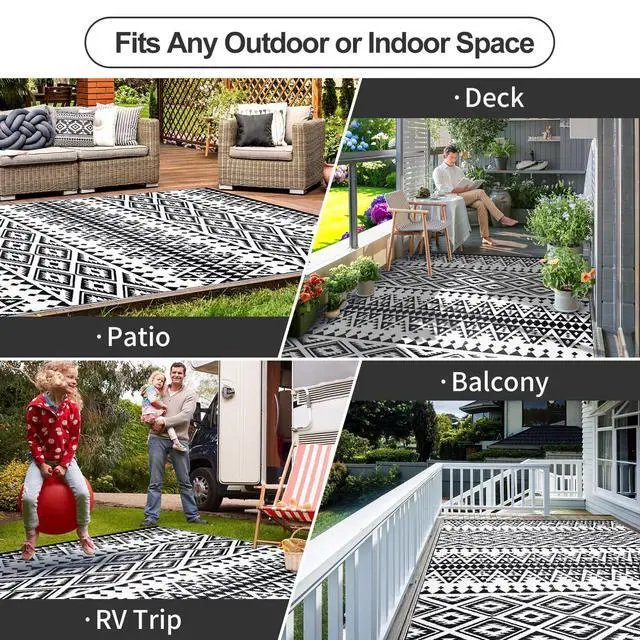 Alt view image 4 of 6 - Waterproof Outdoor Rug 9x12ft, Bohemia Reversible Plastic Straw Mat for Patio RV Deck Porch Backyard Balcony Camping Picnic Beach Indoor Outdoor Carpet, Black&White