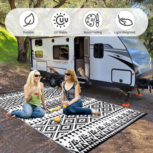 Alt view image 5 of 6 - Waterproof Outdoor Rug 9x12ft, Bohemia Reversible Plastic Straw Mat for Patio RV Deck Porch Backyard Balcony Camping Picnic Beach Indoor Outdoor Carpet, Black&White