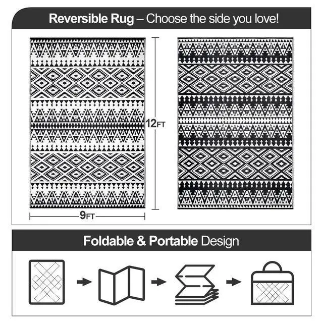 Alt view image 2 of 6 - Waterproof Outdoor Rug 9x12ft, Bohemia Reversible Plastic Straw Mat for Patio RV Deck Porch Backyard Balcony Camping Picnic Beach Indoor Outdoor Carpet, Black&White
