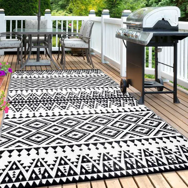 Alt view image 6 of 6 - Waterproof Outdoor Rug 9x12ft, Bohemia Reversible Plastic Straw Mat for Patio RV Deck Porch Backyard Balcony Camping Picnic Beach Indoor Outdoor Carpet, Black&White