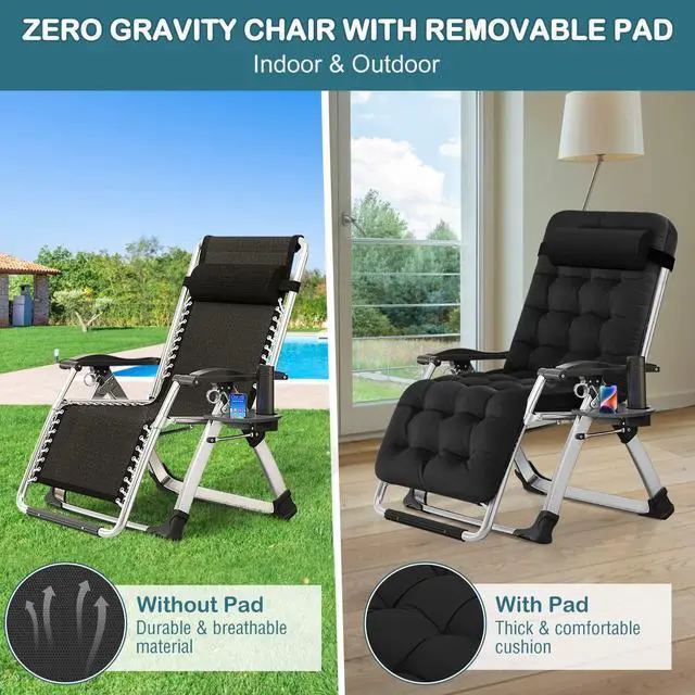 Alt view image 2 of 6 - NAIZEA Padded Zero Gravity Chair, Folding Outdoor Lounge Chairs, Adjustable Reclining Camping Chairs with Cup Holder, Ergonomic Patio Lawn Chair for Balcony Beach Deck Yard