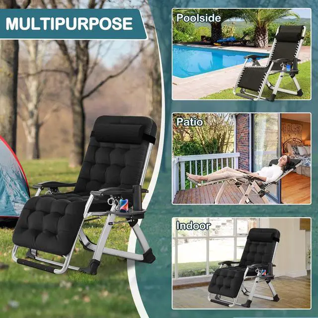 Alt view image 3 of 6 - NAIZEA Padded Zero Gravity Chair, Folding Outdoor Lounge Chairs, Adjustable Reclining Camping Chairs with Cup Holder, Ergonomic Patio Lawn Chair for Balcony Beach Deck Yard