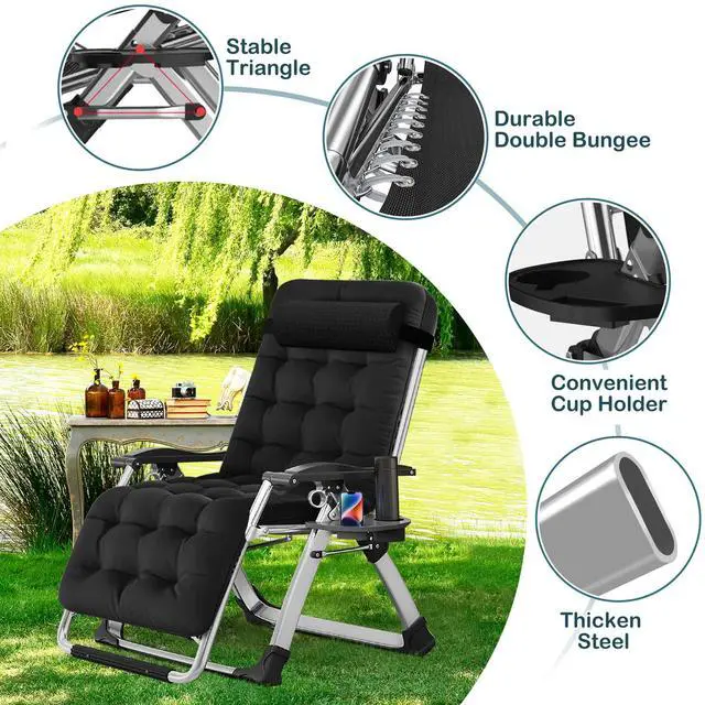 Alt view image 4 of 6 - NAIZEA Padded Zero Gravity Chair, Folding Outdoor Lounge Chairs, Adjustable Reclining Camping Chairs with Cup Holder, Ergonomic Patio Lawn Chair for Balcony Beach Deck Yard