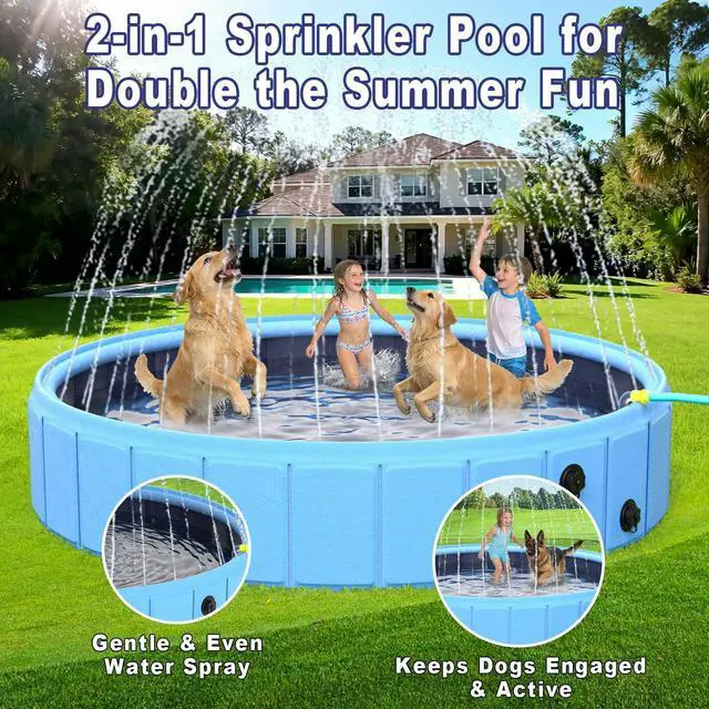 Alt view image 2 of 7 - BerrysParadise Foldable Dog Pool with Sprinkler, 106" Extra Large Non-Slip Dog Swimming Pool, 2-in-1 Outdoor Backyard Pet Bathing Tub with Drain Plug for Dogs Kids Pets Ducks
