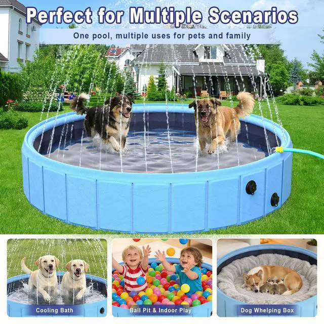 Alt view image 7 of 7 - BerrysParadise Foldable Dog Pool with Sprinkler, 106" Extra Large Non-Slip Dog Swimming Pool, 2-in-1 Outdoor Backyard Pet Bathing Tub with Drain Plug for Dogs Kids Pets Ducks