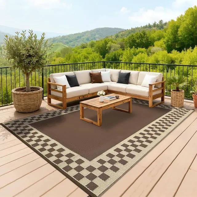 Main image of Garvee Outdoor Waterproof Rug 9x18 Large Modern Neutral Outdoor Patio Rugs, Reversible Fade-Proof & Weather Resistant Large Area Rug Mats for Rv Deck Porch Picnic Beach Balcony,Brown & Beige