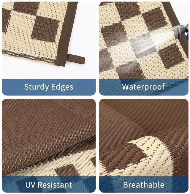 Alt view image 3 of 7 - Garvee Outdoor Waterproof Rug 9x18 Large Modern Neutral Outdoor Patio Rugs, Reversible Fade-Proof & Weather Resistant Large Area Rug Mats for Rv Deck Porch Picnic Beach Balcony,Brown & Beige