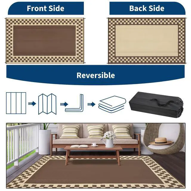 Alt view image 5 of 7 - Garvee Outdoor Waterproof Rug 9x18 Large Modern Neutral Outdoor Patio Rugs, Reversible Fade-Proof & Weather Resistant Large Area Rug Mats for Rv Deck Porch Picnic Beach Balcony,Brown & Beige