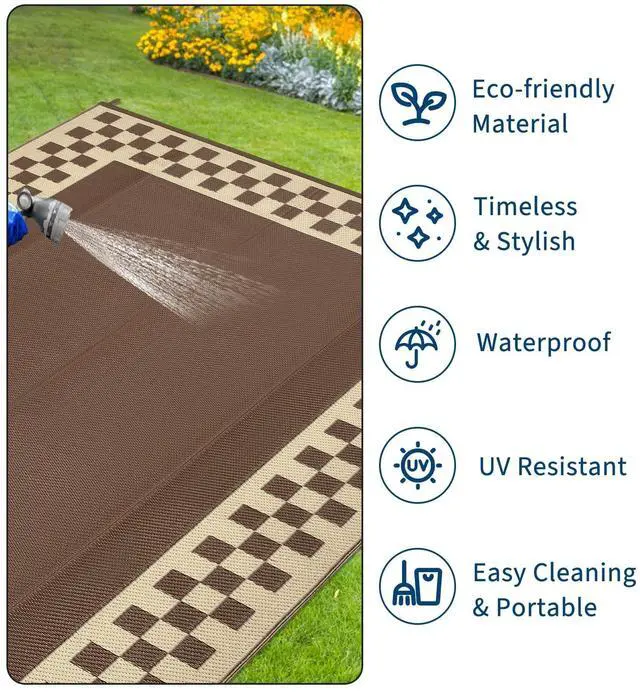 Alt view image 6 of 7 - Garvee Outdoor Waterproof Rug 9x18 Large Modern Neutral Outdoor Patio Rugs, Reversible Fade-Proof & Weather Resistant Large Area Rug Mats for Rv Deck Porch Picnic Beach Balcony,Brown & Beige