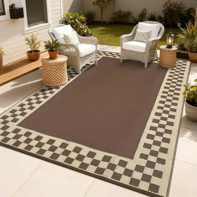 Alt view image 2 of 7 - Garvee Outdoor Waterproof Rug 9x18 Large Modern Neutral Outdoor Patio Rugs, Reversible Fade-Proof & Weather Resistant Large Area Rug Mats for Rv Deck Porch Picnic Beach Balcony,Brown & Beige