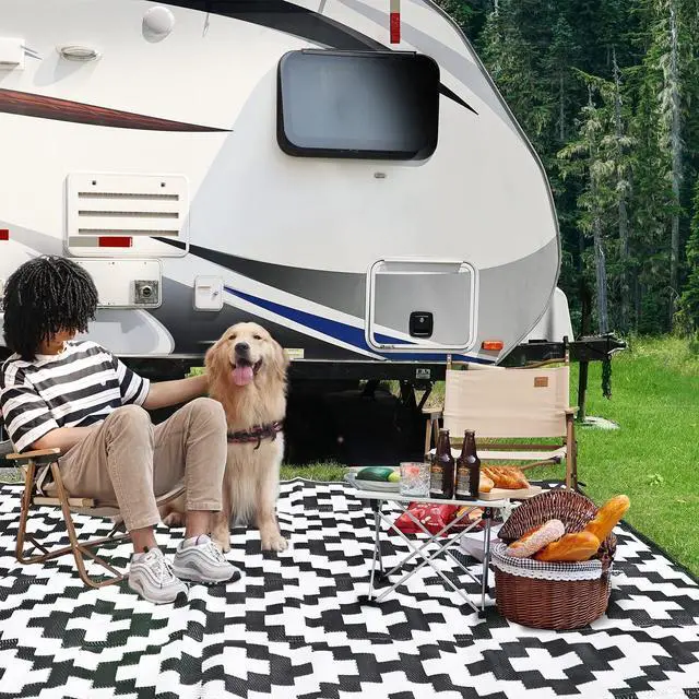 Main image of RVGUARD Outdoor Rugs, Reversible Patio Mat 9 x 18 ft, Waterproof Camping Rugs for Indoor/Outdoor, Patio, RV, Picnic, Beach, Backyard, Deck, Black & White