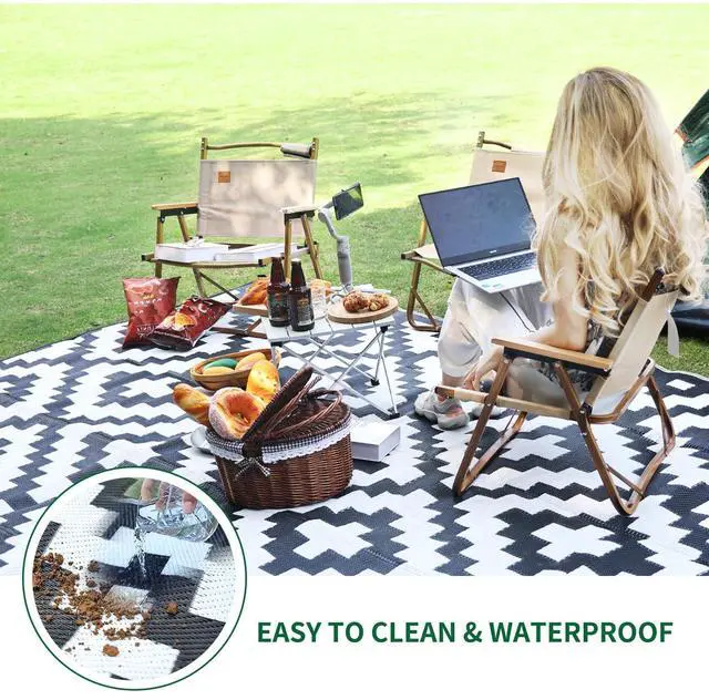 Alt view image 2 of 6 - RVGUARD Outdoor Rugs, Reversible Patio Mat 9 x 18 ft, Waterproof Camping Rugs for Indoor/Outdoor, Patio, RV, Picnic, Beach, Backyard, Deck, Black & White