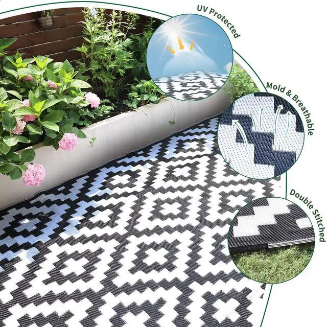 Alt view image 5 of 6 - RVGUARD Outdoor Rugs, Reversible Patio Mat 9 x 18 ft, Waterproof Camping Rugs for Indoor/Outdoor, Patio, RV, Picnic, Beach, Backyard, Deck, Black & White