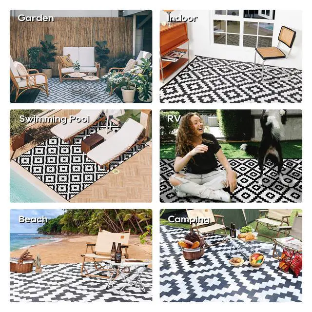 Alt view image 4 of 6 - RVGUARD Outdoor Rugs, Reversible Patio Mat 9 x 18 ft, Waterproof Camping Rugs for Indoor/Outdoor, Patio, RV, Picnic, Beach, Backyard, Deck, Black & White