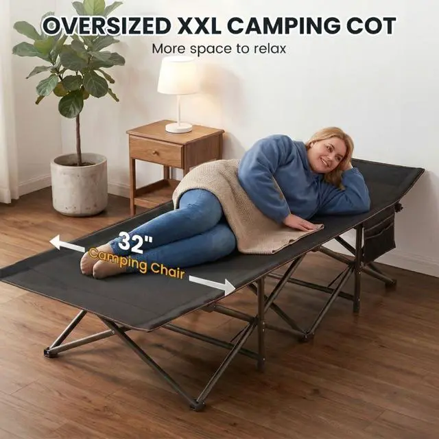 Alt view image 2 of 7 - LILYPELLE Oversized XXL Folding Camping Cot, 78" L x 32" W x 18" H Heavy Duty Sleeping Cots with Carry Bag, Double Layer Oxford Portable Travel Camp Cots for Home, Office Nap and Outdoor Beach