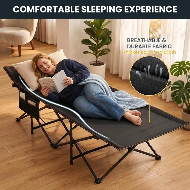 Alt view image 5 of 7 - LILYPELLE Oversized XXL Folding Camping Cot, 78" L x 32" W x 18" H Heavy Duty Sleeping Cots with Carry Bag, Double Layer Oxford Portable Travel Camp Cots for Home, Office Nap and Outdoor Beach