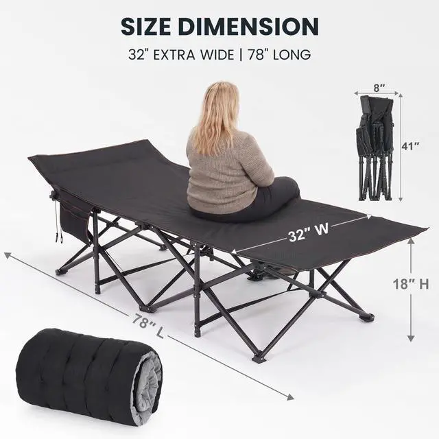 Alt view image 6 of 7 - LILYPELLE Oversized XXL Folding Camping Cot, 78" L x 32" W x 18" H Heavy Duty Sleeping Cots with Carry Bag, Double Layer Oxford Portable Travel Camp Cots for Home, Office Nap and Outdoor Beach