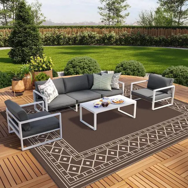 Main image of GENIMO Outdoor Rug Waterproof for Patio, 10'x14' Foldable Reversible Plastic Straw Carpet for Travel Trailers, Outside Area Mat for Rv, Deck, Picnic, Porch, Camper, Balcony, Beach, Coffee & Beige