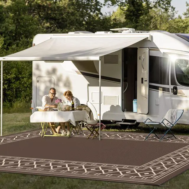 Alt view image 3 of 7 - GENIMO Outdoor Rug Waterproof for Patio, 10'x14' Foldable Reversible Plastic Straw Carpet for Travel Trailers, Outside Area Mat for Rv, Deck, Picnic, Porch, Camper, Balcony, Beach, Coffee & Beige