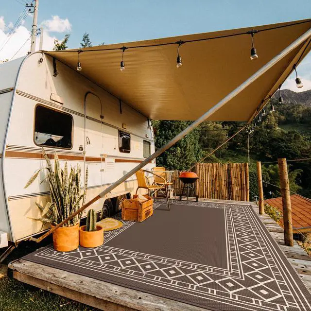 Alt view image 2 of 7 - GENIMO Outdoor Rug Waterproof for Patio, 10'x14' Foldable Reversible Plastic Straw Carpet for Travel Trailers, Outside Area Mat for Rv, Deck, Picnic, Porch, Camper, Balcony, Beach, Coffee & Beige