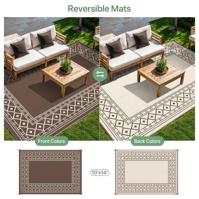Alt view image 4 of 7 - GENIMO Outdoor Rug Waterproof for Patio, 10'x14' Foldable Reversible Plastic Straw Carpet for Travel Trailers, Outside Area Mat for Rv, Deck, Picnic, Porch, Camper, Balcony, Beach, Coffee & Beige