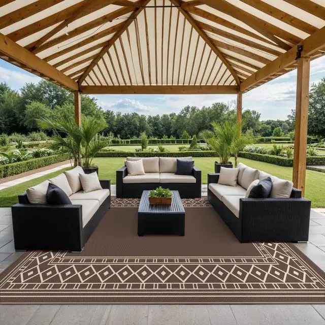 Alt view image 6 of 7 - GENIMO Outdoor Rug Waterproof for Patio, 10'x14' Foldable Reversible Plastic Straw Carpet for Travel Trailers, Outside Area Mat for Rv, Deck, Picnic, Porch, Camper, Balcony, Beach, Coffee & Beige