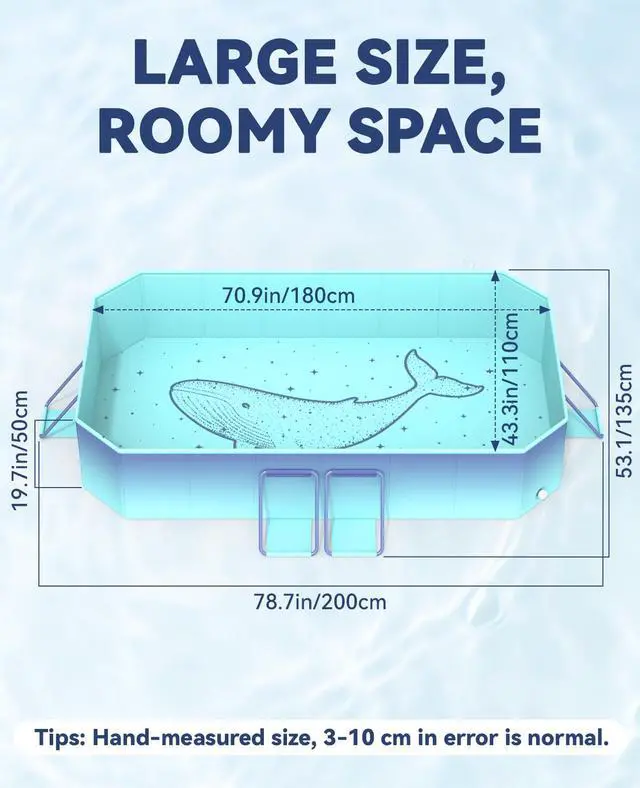 Alt view image 2 of 7 - HeySplash Foldable Pool, Non-Inflatable Swimming Pool with Rigid Puncture-Proof Hard Composite Board, Kiddie Pool Outdoor Pool, Adults & Kids Pool for Backyard Garden Dog Pool 78"×53"×19", Blue Whale