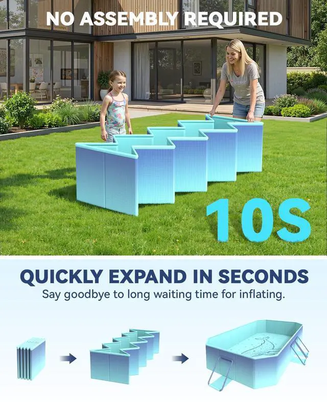 Alt view image 4 of 7 - HeySplash Foldable Pool, Non-Inflatable Swimming Pool with Rigid Puncture-Proof Hard Composite Board, Kiddie Pool Outdoor Pool, Adults & Kids Pool for Backyard Garden Dog Pool 78"×53"×19", Blue Whale