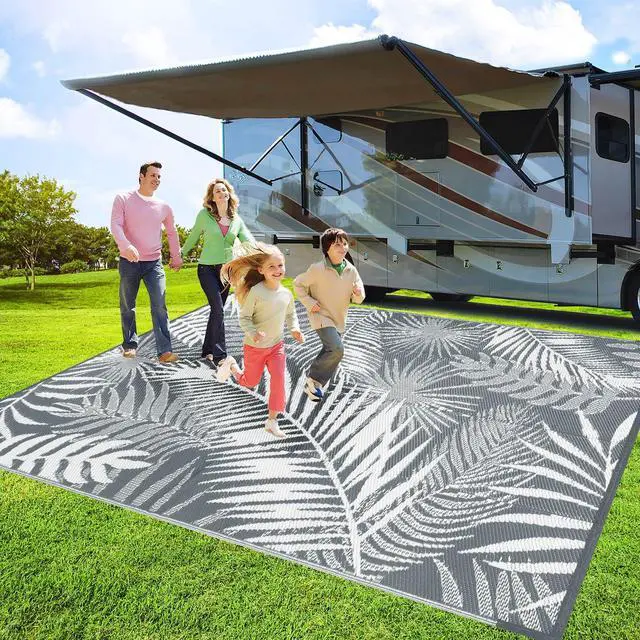 Alt view image 3 of 7 - HiiARug Outdoor Reversible Plastic Straw Rug, 9'x12', Cool Gray, Large Patio Mat for RV, Backyard, Deck, Picnic, Beach, Trailer, Camping