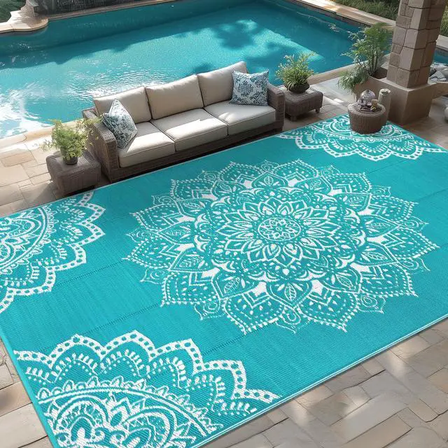 Main image of Yamaziot Outdoor Rug 9' x 18', Waterproof Reversible Plastic Straw Rug, Large Outdoor Rugs Mats RV, Picnic, Backyard, Balcony, Porch, Beach, Blue