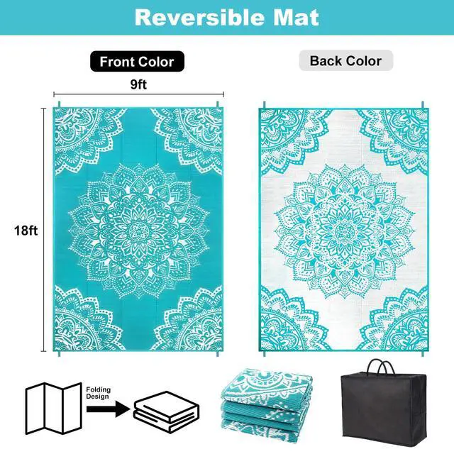 Alt view image 2 of 7 - Yamaziot Outdoor Rug 9' x 18', Waterproof Reversible Plastic Straw Rug, Large Outdoor Rugs Mats RV, Picnic, Backyard, Balcony, Porch, Beach, Blue
