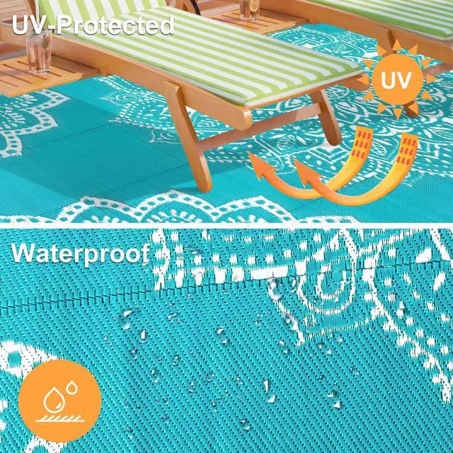 Alt view image 4 of 7 - Yamaziot Outdoor Rug 9' x 18', Waterproof Reversible Plastic Straw Rug, Large Outdoor Rugs Mats RV, Picnic, Backyard, Balcony, Porch, Beach, Blue