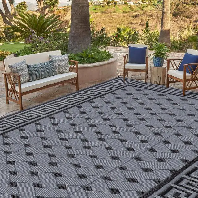 Main image of SAND MINE Reversible Mats, Plastic Straw Rug, Modern Area Rug, Large Floor Mat and Rug for Outdoors, RV, Patio, Backyard, Deck, Picnic, Beach, Trailer, Camping (9' x 18', Black & Grey)