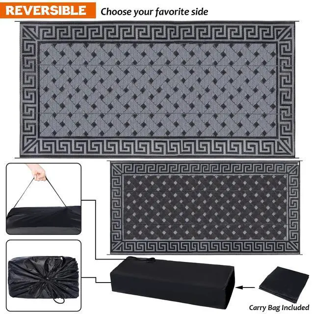 Alt view image 3 of 7 - SAND MINE Reversible Mats, Plastic Straw Rug, Modern Area Rug, Large Floor Mat and Rug for Outdoors, RV, Patio, Backyard, Deck, Picnic, Beach, Trailer, Camping (9' x 18', Black & Grey)