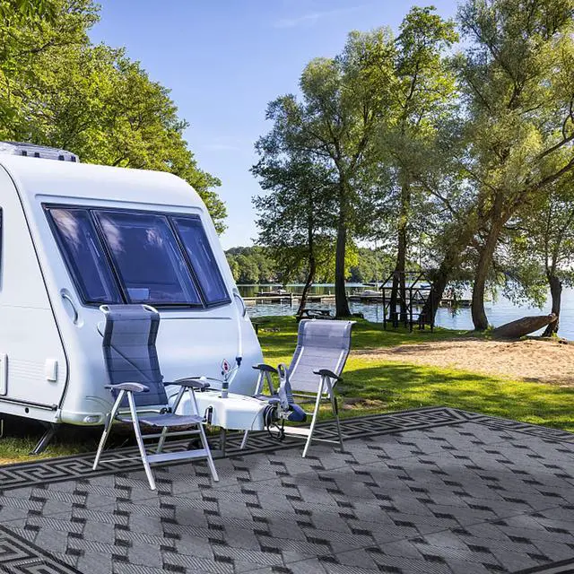 Alt view image 6 of 7 - SAND MINE Reversible Mats, Plastic Straw Rug, Modern Area Rug, Large Floor Mat and Rug for Outdoors, RV, Patio, Backyard, Deck, Picnic, Beach, Trailer, Camping (9' x 18', Black & Grey)