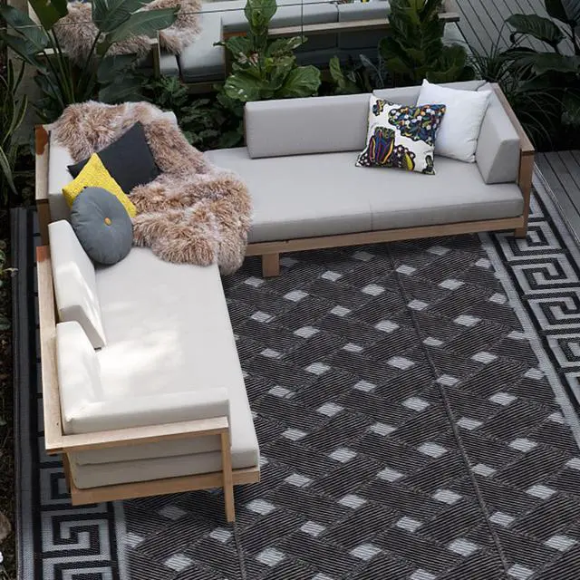 Alt view image 5 of 7 - SAND MINE Reversible Mats, Plastic Straw Rug, Modern Area Rug, Large Floor Mat and Rug for Outdoors, RV, Patio, Backyard, Deck, Picnic, Beach, Trailer, Camping (9' x 18', Black & Grey)
