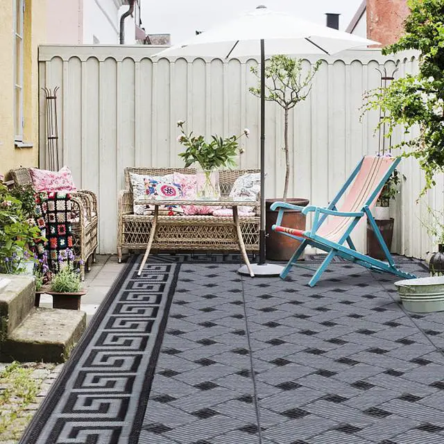 Alt view image 7 of 7 - SAND MINE Reversible Mats, Plastic Straw Rug, Modern Area Rug, Large Floor Mat and Rug for Outdoors, RV, Patio, Backyard, Deck, Picnic, Beach, Trailer, Camping (9' x 18', Black & Grey)