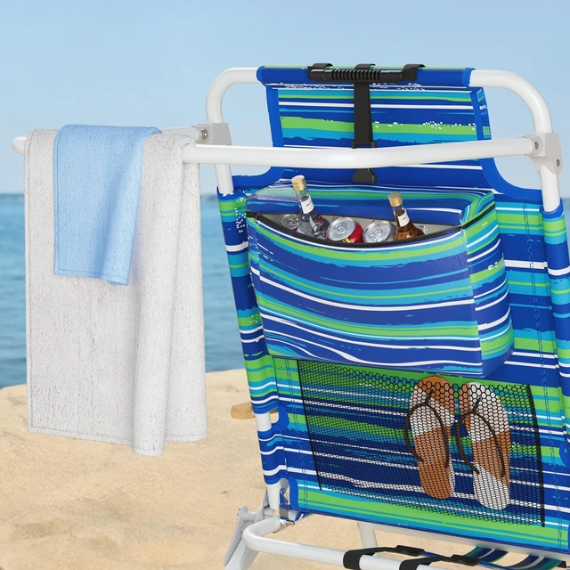 Alt view image 2 of 7 - Tall Beach Chairs for Adults, 17" High Backpack Beach Chair with Wooden Armrests, 5 Positions Reclining Heavy Duty Chair with Large Cooler Pouch, Support to 350LBS Striped Blue&Green,1pack