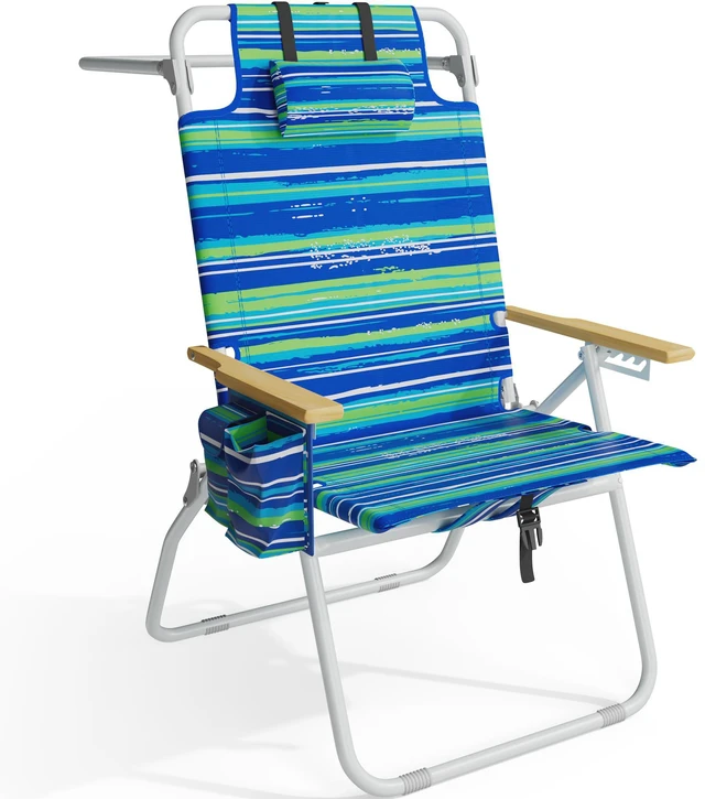 Main image of Tall Beach Chairs for Adults, 17" High Backpack Beach Chair with Wooden Armrests, 5 Positions Reclining Heavy Duty Chair with Large Cooler Pouch, Support to 350LBS Striped Blue&Green,1pack
