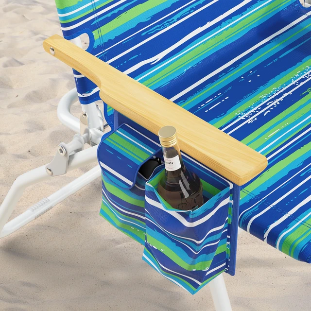 Alt view image 3 of 7 - Tall Beach Chairs for Adults, 17" High Backpack Beach Chair with Wooden Armrests, 5 Positions Reclining Heavy Duty Chair with Large Cooler Pouch, Support to 350LBS Striped Blue&Green,1pack