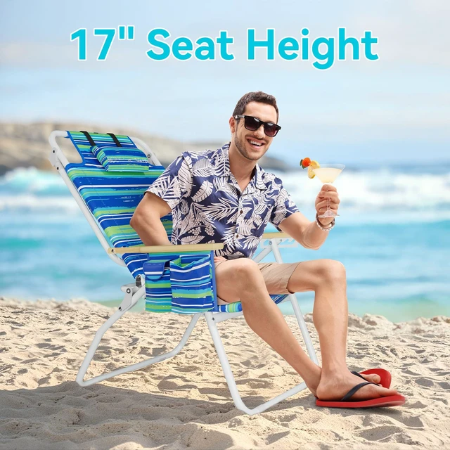 Alt view image 4 of 7 - Tall Beach Chairs for Adults, 17" High Backpack Beach Chair with Wooden Armrests, 5 Positions Reclining Heavy Duty Chair with Large Cooler Pouch, Support to 350LBS Striped Blue&Green,1pack