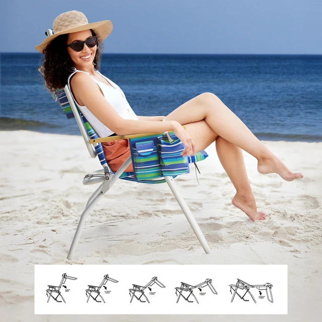 Alt view image 5 of 7 - Tall Beach Chairs for Adults, 17" High Backpack Beach Chair with Wooden Armrests, 5 Positions Reclining Heavy Duty Chair with Large Cooler Pouch, Support to 350LBS Striped Blue&Green,1pack