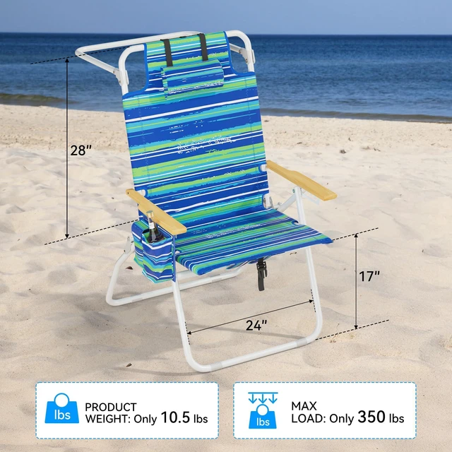 Alt view image 7 of 7 - Tall Beach Chairs for Adults, 17" High Backpack Beach Chair with Wooden Armrests, 5 Positions Reclining Heavy Duty Chair with Large Cooler Pouch, Support to 350LBS Striped Blue&Green,1pack