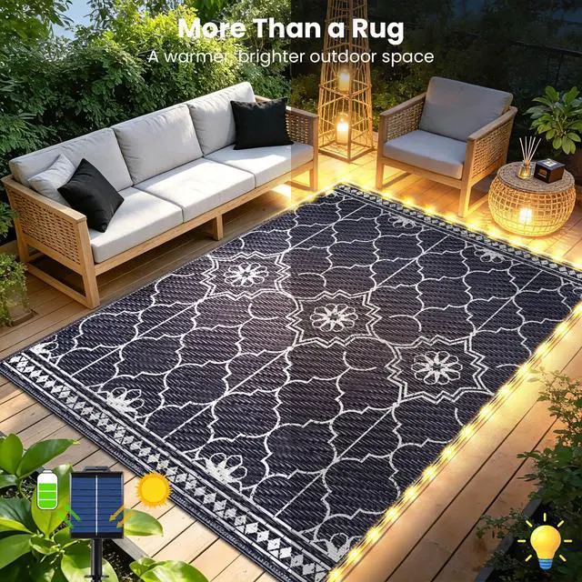 Alt view image 2 of 7 - Lighted Outdoor Rug 8x10 ft, Solar Powered Patio Rug with 113 LED Lights, Waterproof Plastic Reversible Outdoor Straw Rugs, Rugs Mat for House Deck RV Camping Patio Beach Balcony Picnic (Blue White)