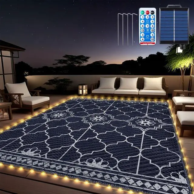 Main image of Lighted Outdoor Rug 8x10 ft, Solar Powered Patio Rug with 113 LED Lights, Waterproof Plastic Reversible Outdoor Straw Rugs, Rugs Mat for House Deck RV Camping Patio Beach Balcony Picnic (Blue White)