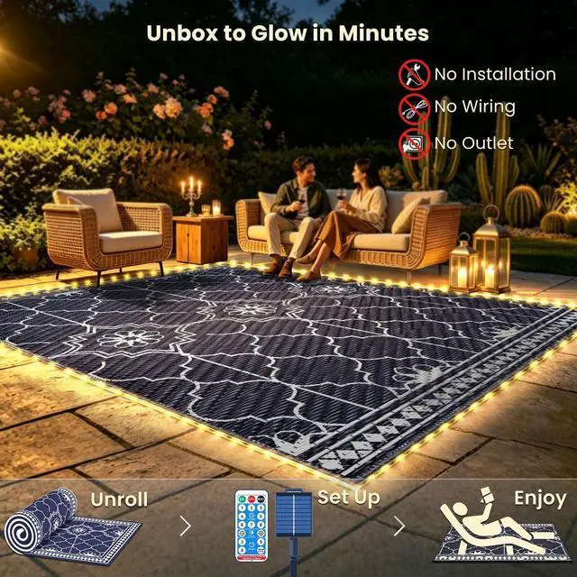 Alt view image 3 of 7 - Lighted Outdoor Rug 8x10 ft, Solar Powered Patio Rug with 113 LED Lights, Waterproof Plastic Reversible Outdoor Straw Rugs, Rugs Mat for House Deck RV Camping Patio Beach Balcony Picnic (Blue White)