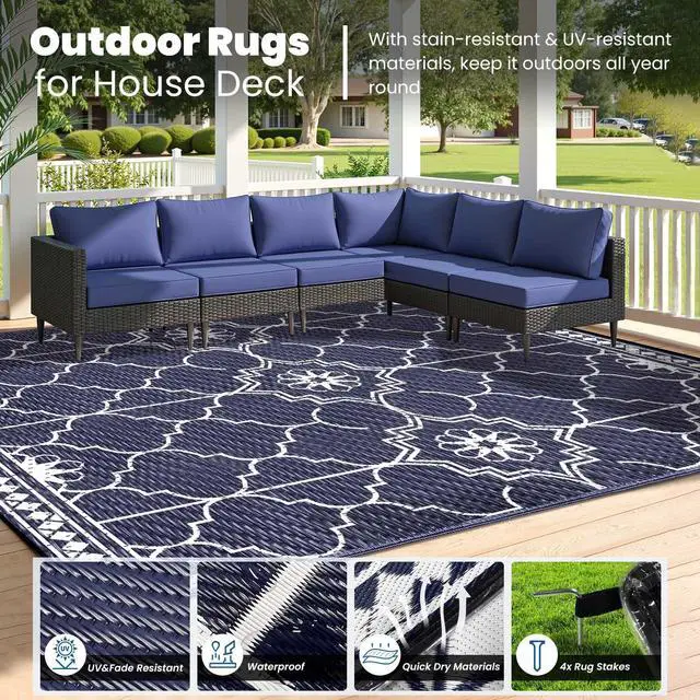 Alt view image 4 of 7 - Lighted Outdoor Rug 8x10 ft, Solar Powered Patio Rug with 113 LED Lights, Waterproof Plastic Reversible Outdoor Straw Rugs, Rugs Mat for House Deck RV Camping Patio Beach Balcony Picnic (Blue White)